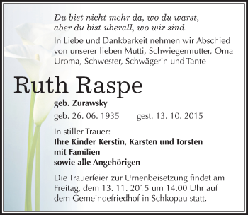 Traueranzeige von Ruth Raspe von Mitteldeutsche Zeitung Merseburg/Querfurt
