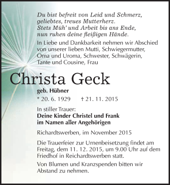 Traueranzeige von Christa Geck von Mitteldeutsche Zeitung Weißenfels