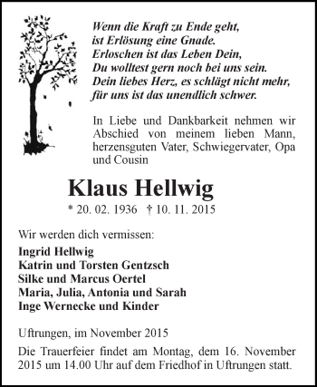 Traueranzeige von Klaus Hellwig von Super Sonntag SGH Mansf. Land
