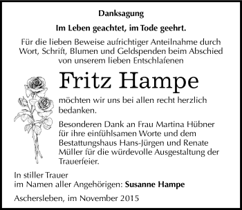 Traueranzeige von Fritz Hampe von Mitteldeutsche Zeitung Aschersleben
