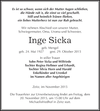 Traueranzeige von Inge Sicka von Super Sonntag Zeitz
