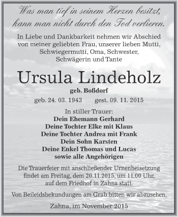 Traueranzeige von Ursula Lindeholz von Super Sonntag Wittenberg