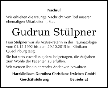 Traueranzeige von Gudrun Stülpner von Mitteldeutsche Zeitung Quedlinburg