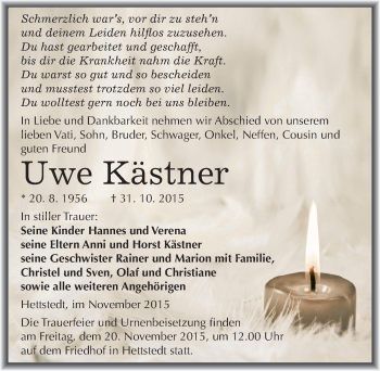 Traueranzeige von Uwe Kästner von Mitteldeutsche Zeitung Mansfelder Land