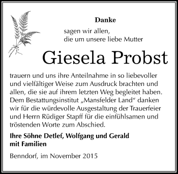 Traueranzeige von Giesela Probst von Mitteldeutsche Zeitung Mansfelder Land