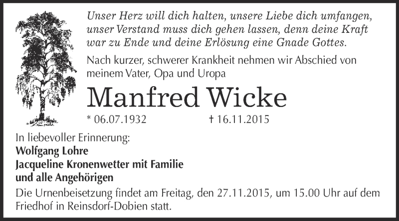  Traueranzeige für Manfred Wicke vom 21.11.2015 aus Super Sonntag Wittenberg