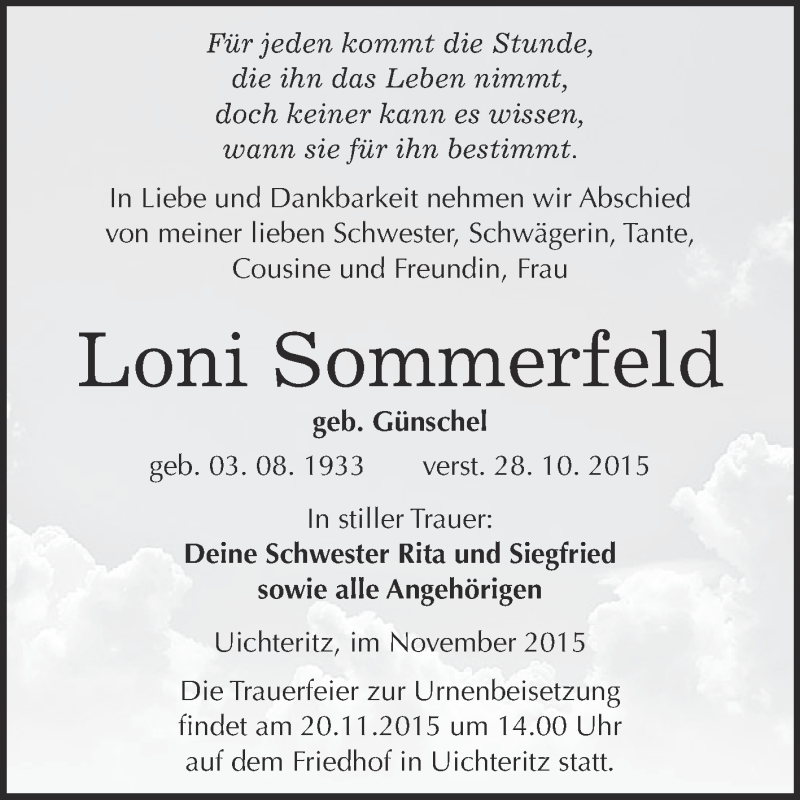  Traueranzeige für Loni Sommerfeld vom 11.11.2015 aus WVG - Wochenspiegel NMB / WSF / ZTZ