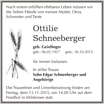 Traueranzeige von Ottilie Schneeberger von WVG - Wochenspiegel Dessau / Köthen