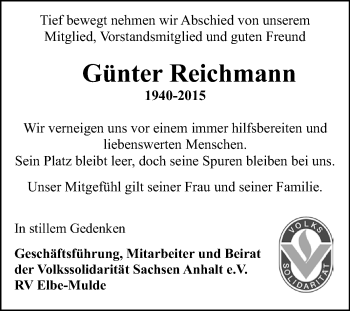 Traueranzeige von Günter Reichmann von WVG - Wochenspiegel Wittenberg
