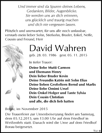 Traueranzeige von David Wahren von Mitteldeutsche Zeitung Weißenfels