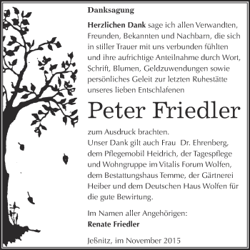 Traueranzeige von Peter Friedler von WVG - Wochenspiegel Bitterfeld