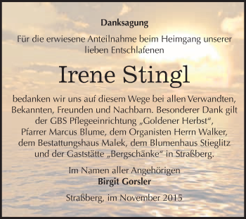 Traueranzeige von Irene Stingl von WVG - Wochenspiegel Quedlinburg