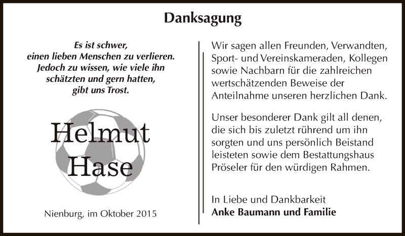  Traueranzeige für Helmut Hase vom 14.11.2015 aus Super Sonntag Bernburg