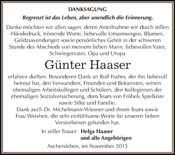 Traueranzeige von Günter Haaser von Super Sonntag Aschersleben