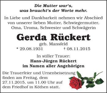 Traueranzeige von Gerda Rückert von Mitteldeutsche Zeitung Köthen