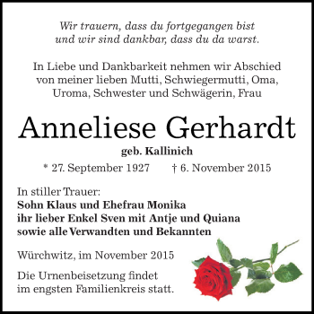 Traueranzeige von Anneliese Gerhardt von Super Sonntag Zeitz