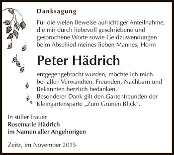 Traueranzeige von Peter Hädrich von Super Sonntag Zeitz