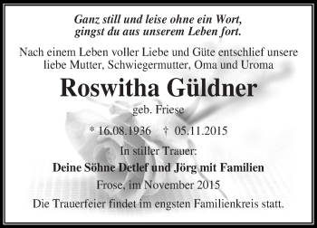 Traueranzeige von Roswitha Güldner von Super Sonntag Aschersleben