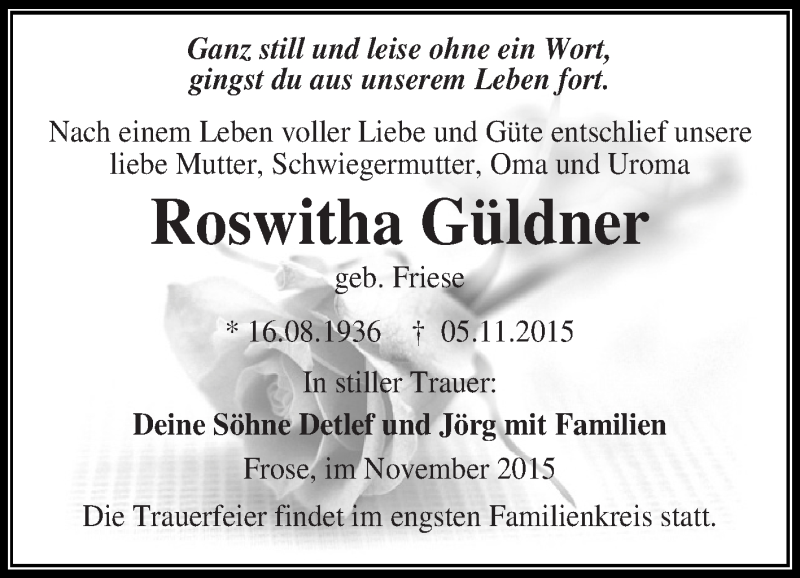  Traueranzeige für Roswitha Güldner vom 11.11.2015 aus Super Sonntag Aschersleben