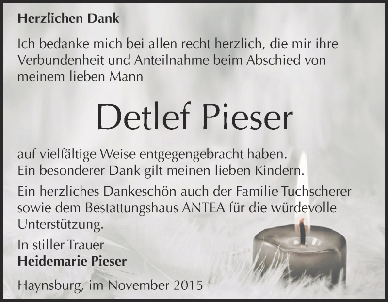  Traueranzeige für Detlef Pieser vom 14.11.2015 aus Super Sonntag Zeitz