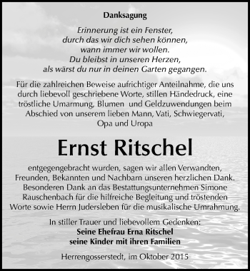 Traueranzeige von Ernst Ritschel von Mitteldeutsche Zeitung Naumburg/Nebra