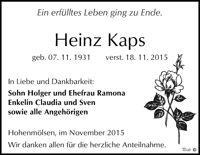  Traueranzeige für Heinz Kaps vom 25.11.2015 aus WVG - Wochenspiegel NMB / WSF / ZTZ