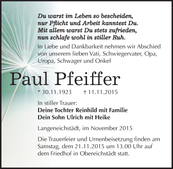 Traueranzeige von Paul Pfeiffer von Mitteldeutsche Zeitung Merseburg/Querfurt