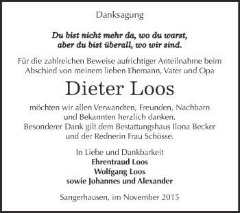 Traueranzeige von Dieter Loos von Super Sonntag SGH Mansf. Land