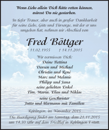 Traueranzeige von Fred Böttger von Mitteldeutsche Zeitung Mansfelder Land