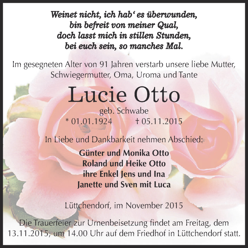  Traueranzeige für Lucie Otto vom 11.11.2015 aus Wochenspiegel Mansfelder Land