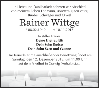 Traueranzeige von Rainer Wittge von Super Sonntag Wittenberg