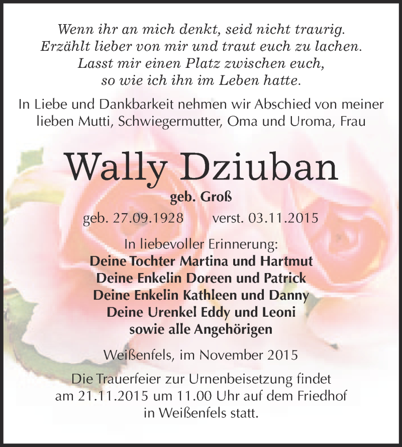 Traueranzeige für Wally Dziuban vom 11.11.2015 aus WVG - Wochenspiegel NMB / WSF / ZTZ
