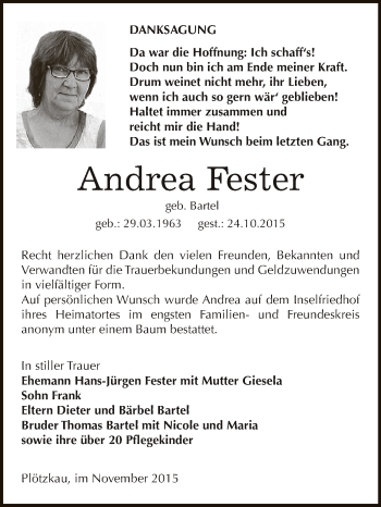 Traueranzeige von Andrea Fester von Super Sonntag Bernburg