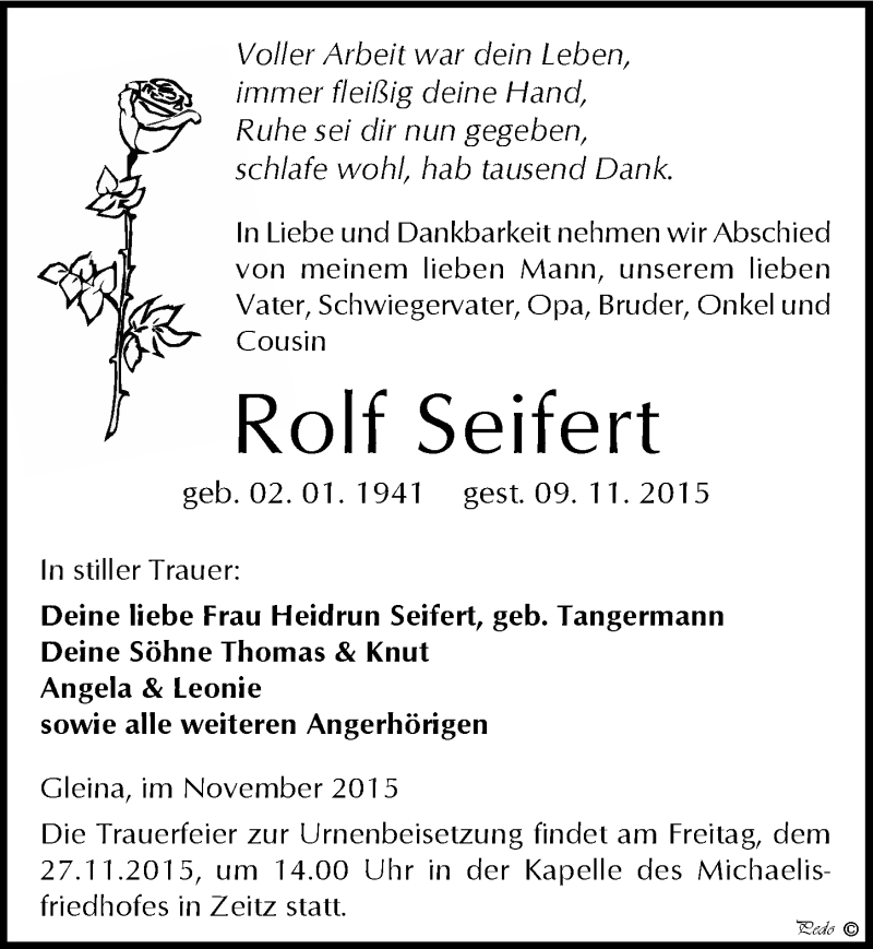  Traueranzeige für Rolf Seifert vom 14.11.2015 aus Mitteldeutsche Zeitung Zeitz