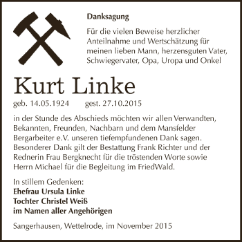 Traueranzeige von Kurt Linke von Super Sonntag SGH Mansf. Land