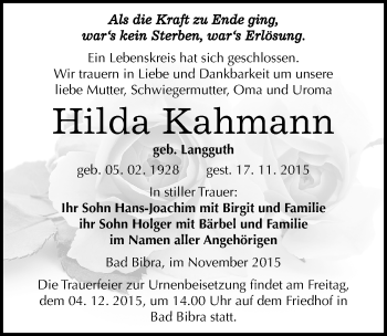 Traueranzeige von Hilda Kahmann von Mitteldeutsche Zeitung Naumburg/Nebra