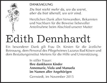 Traueranzeige von Edith Dennhardt von WVG - Wochenspiegel NMB / WSF / ZTZ