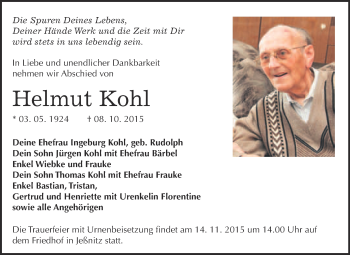 Traueranzeige von Helmut Kohl von WVG - Wochenspiegel Bitterfeld