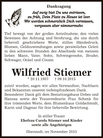 Traueranzeige von Wilfried Stiemer von Super Sonntag Bernburg