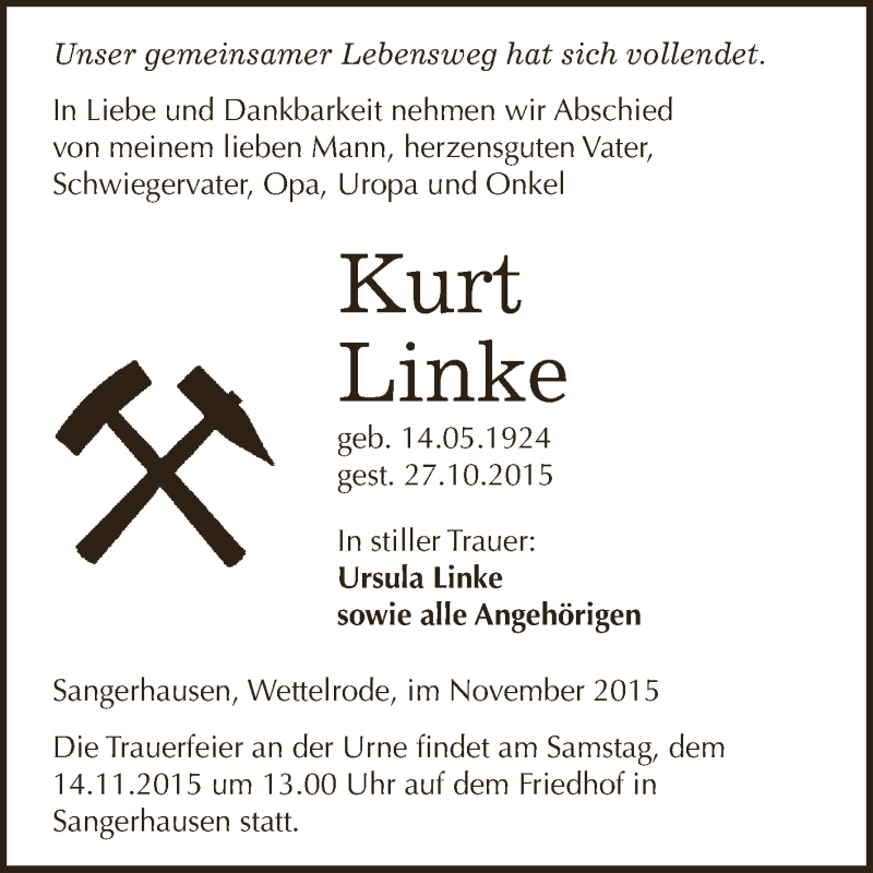  Traueranzeige für Kurt Linke vom 07.11.2015 aus Super Sonntag SGH Mansf. Land
