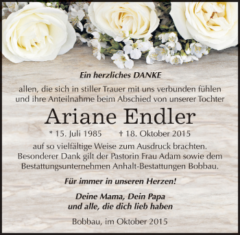Traueranzeige von Ariane Endler von Mitteldeutsche Zeitung Bitterfeld