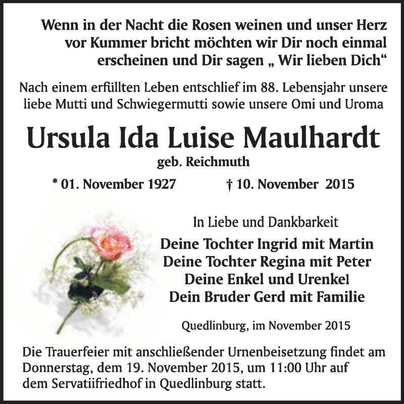  Traueranzeige für Ursula Ida Luise Maulhardt vom 14.11.2015 aus WVG - Wochenspiegel Quedlinburg