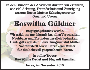 Traueranzeige von Roswitha Güldner von Super Sonntag Aschersleben