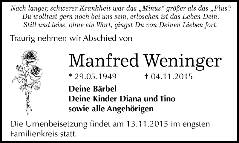  Traueranzeige für Manfred Weninger vom 11.11.2015 aus Mitteldeutsche Zeitung Bitterfeld