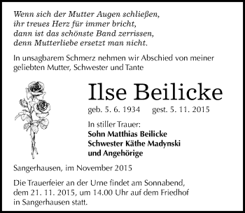 Traueranzeige von Ilse Beilicke von Mitteldeutsche Zeitung Sangerhausen
