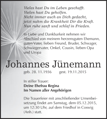 Traueranzeige von Johannes Jünemann von Super Sonntag Wittenberg