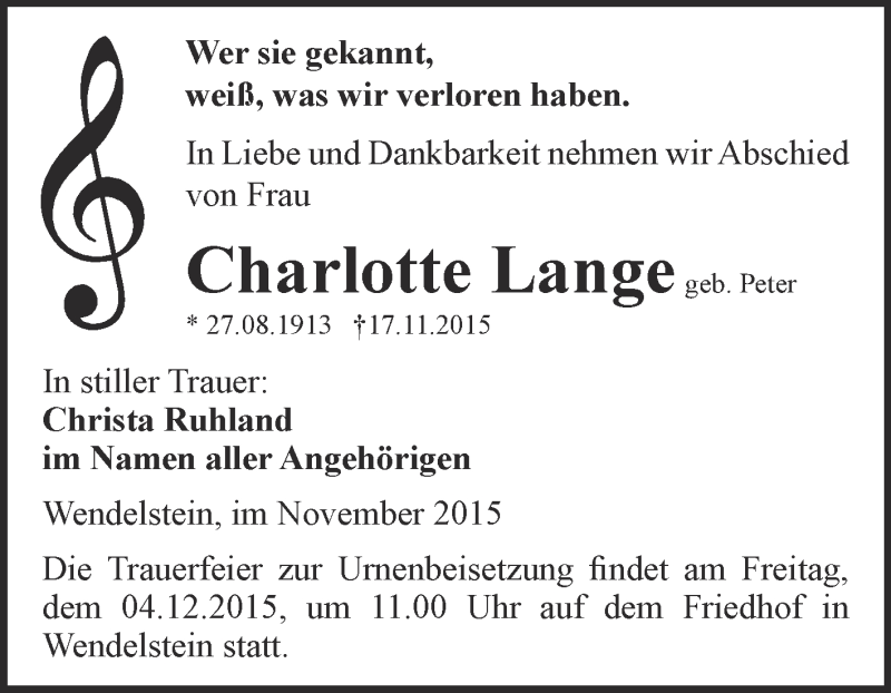  Traueranzeige für Charlotte Lange vom 28.11.2015 aus Super Sonntag Zeitz