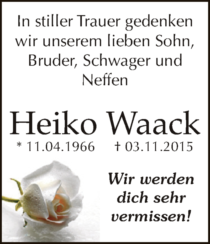  Traueranzeige für Heiko Waack vom 07.11.2015 aus WVG - Wochenspiegel Dessau / Köthen