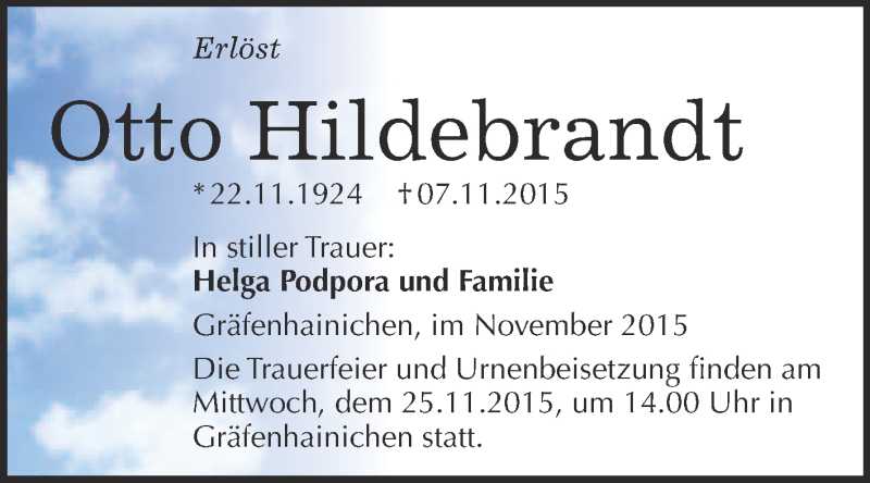  Traueranzeige für Otto Hildebrandt vom 14.11.2015 aus WVG - Wochenspiegel Wittenberg