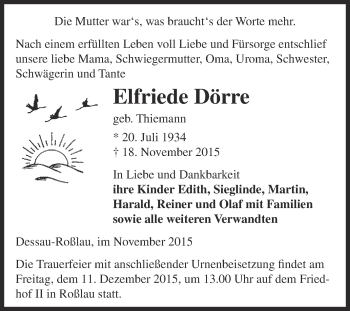 Traueranzeige von Elfriede Dörre von Super Sonntag Dessau / Köthen